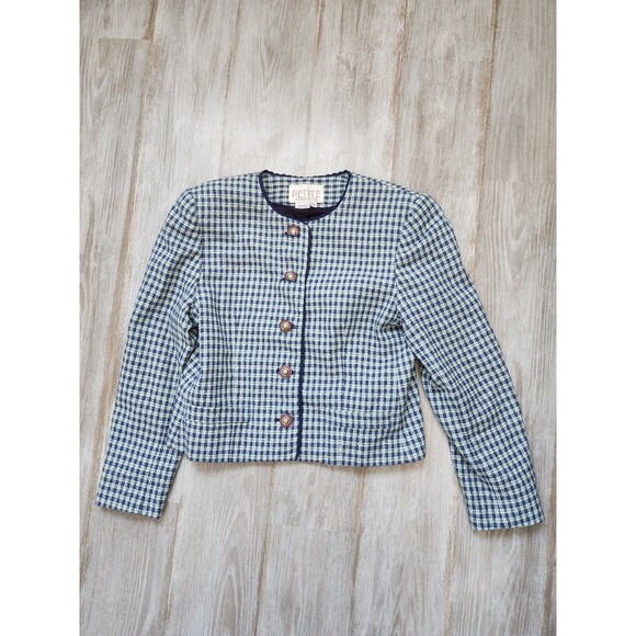Petite Sophisticate Jackets & Blazers - VTG Petite Sophisticate Blue Houndstooth Tweed Blazer Button Up Sz 4P EUC